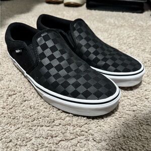 Vans Men's Black and Gray Checkered Slip-On Sneakers